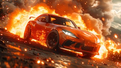 Modified japanese race car with orange flames and explosive action around it, AI generated