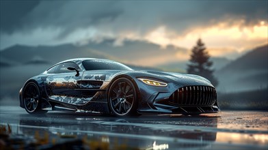 Reflective german powerful hybrid sports car on a wet road with a brooding, dramatic sky and