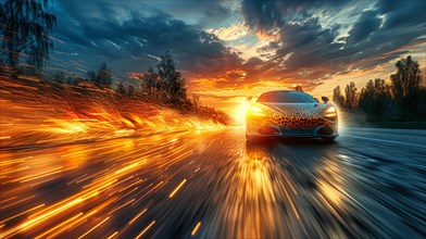 Electric car in motion with light trails on the highway at sunset, ultra wide low angle view, AI