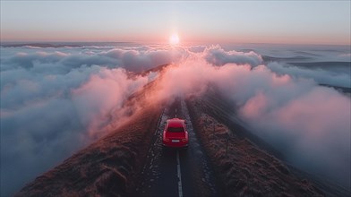 Red SUV on a mountain road above the clouds at dawn, drone aerial view, AI generated