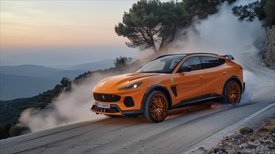 A vibrant orange suv sporty car expensive speeds down a mountain road with dust behind it, AI