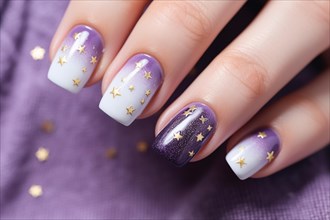 Close up of woman's fingernails with purple and golden star nail art design. KI generiert,