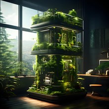 Concept of an air purification tower nestled in an urban setting coated with lush moss and climbing