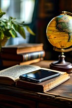 Mobile phone resting on a wooden desk screen with antique book and globus, AI generated