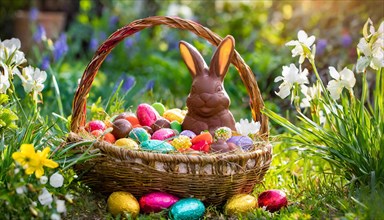 An Easter basket with a chocolate bunny surrounded by colourful eggs and spring flowers, Easter
