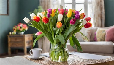 A large bouquet of colourful tulips in a vase in the flat, spring, AI generated, AI generated