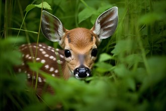 Young fawn deer hiding in tall grass. KI generiert, generiert, AI generated