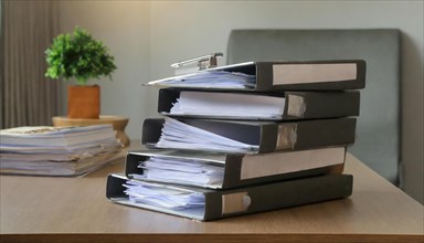 A pile of folders and documents organised on a desk in the office, symbolism bureaucracy, AI