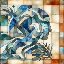 Calm abstract mosaic of a profile with geometric shapes flowing in blue and white, square aspect,