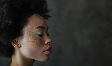 Serene profile of a woman with Afro hair and freckles in soft light AI generated