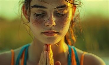 Woman with closed eyes in prayerful pose during serene golden hour AI generated