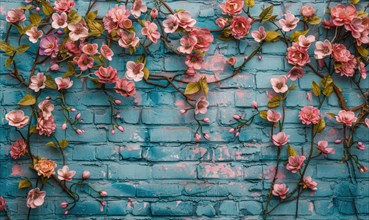 Fresh pink blossoms and greenery on a pastel blue painted brick wall AI generated
