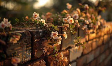 Warm sunlight bathes delicate climbing flowers on an old brick wall AI generated