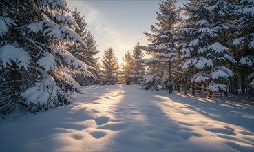 Sunrise casts a soft glow over a tranquil forest blanketed with fresh snow AI generated