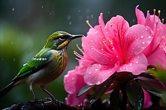 Pink azalea flowers with raindrops and a vibrant green bird in springtime, AI generated
