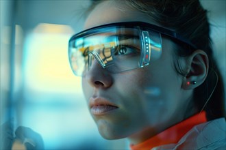 Woman wearing augmented reality glasses with intense focus, AI generated