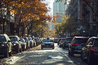 City street lined with parked cars, covered with fall leaves during a tranquil autumn golden hour,