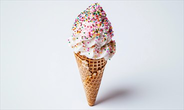 Ice cream cone with sprinkles on white background AI generated