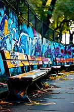 Urban park bustling with daily life paint splattered graffiti adorning the timeworn benches, AI