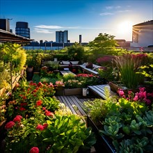 Urban rooftop garden brimming with verdant plants blossoming flowers embodying a sustainable city,