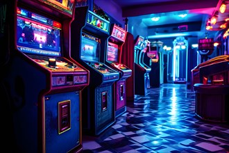Moody dimly lit arcade room filled with vintage video game cabinets and neon lights, AI generated