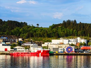 Ocean Osprey Offshore Supply Ship in Industrial Zone over FjordSailing, Stavanger, Boknafjorden,