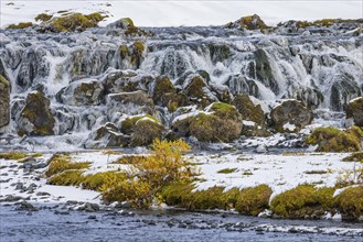 Small waterfall, onset of winter, Fjallabak Nature Reserve, Sudurland, Iceland, Europe