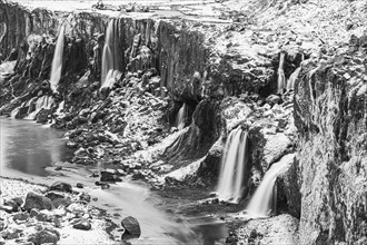 Hrauneyjarfoss waterfalls, onset of winter, black and white photo, Sudurland, Iceland, Europe