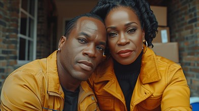 A smiling mature adult african american couple wearing matching orange jackets showing affection