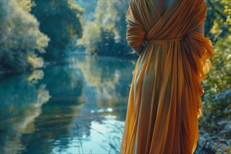 Serene riverside setting with a person in an elegant orange dress, exuding calmness, AI generated