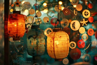 Whimsical lanterns among buttons and peace symbols with warm bokeh lighting, illustration, AI