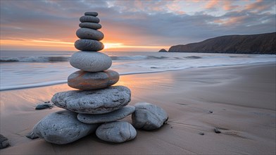 Balanced rock tower on a beach against a sunset backdrop, image depicting relaxation, recreation,