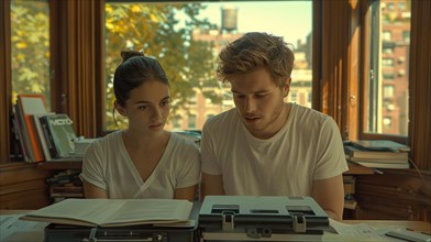 A young man and woman studying together with a vintage typewriter and books around, AI generated