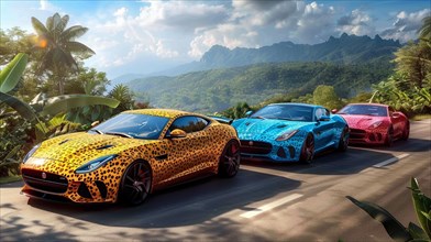 Three animal print convertibles lined up in a tropical setting, AI generated