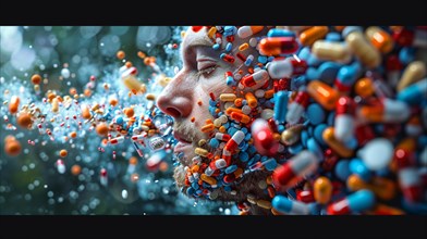 A close-up of a face with vibrant colored pills and capsules floating around, creating a surreal