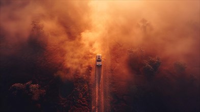 A car driving through a dense, surreal forest haze caused by a nearby fire under an orange sky,