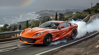 Red muscle car performing a burnout on a coastal road with smoke, near the sea, while rainbow