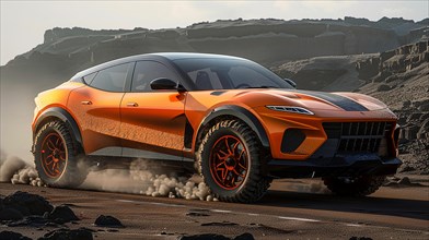 Orange SUV kicking up a massive dust cloud while driving on rugged off-road terrain, AI generated