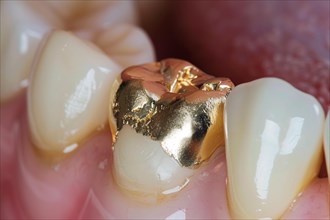 Dental gold filling used to fill cavities on tooth. KI generiert, generiert, AI generated