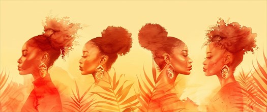 Semi-transparent profiles of women with afro hair in red tones among tropical leaves evoking