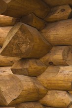 Stacked Eastern White pine logs forming the exterior corner walls on a luxurious Scandinavian style
