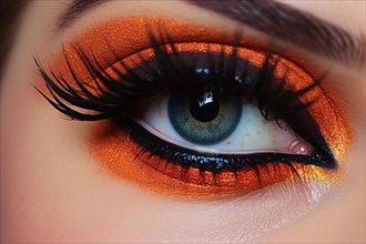 Close up of woman's eye with bright orange eyeshadow makeup and dark black eyelashes. KI generiert,