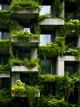 Building facade bio concrete seamlessly interlaced with living plants, AI generated