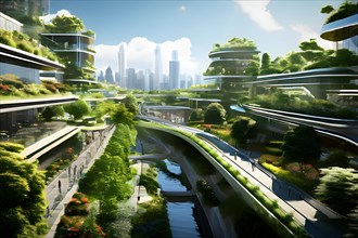 Cityscape designed with pedestrian priority elevated walkways intersect with verdant greenbelts, AI