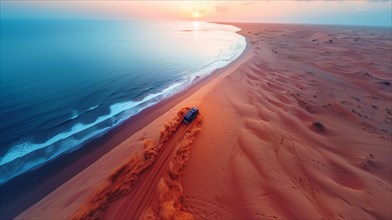 SUV driving along the coastline by desert dunes at dusk, action sports photography, AI generated