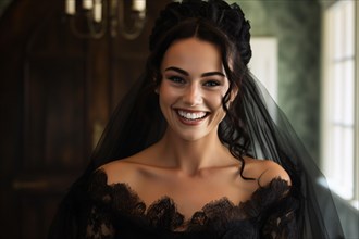 Smiling beautiful woman in black gothin wedding dress with veil. KI generiert, generiert, AI