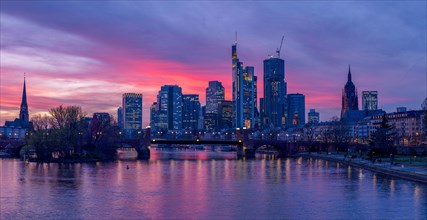 The Frankfurt skyline with office tower blocks behind the Main at sunset, on the left the