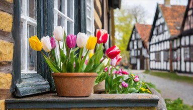 Many colourful tulips blooming in a flower pot by the window, spring, AI generated, AI generated