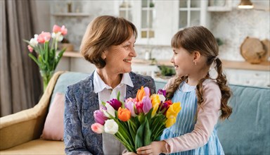 Grandmother and granddaughter smiling at a bouquet of tulips in the living room, AI generated, AI