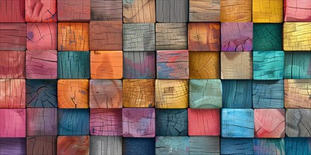 Background with square shaped colorful wooden cubes. KI generiert, generiert, AI generated